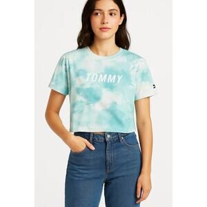 Tommy Hilfiger Sport Blue And White Tie Dye Crop Tee Size XL Logo Shirt